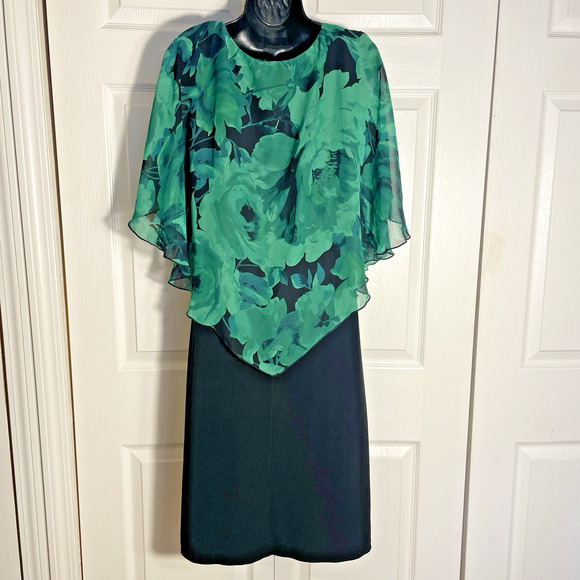 Vintage Y2K Connected Apparel Dress Women 14 Black Sleeveless Green Floral Drape - Picture 3 of 9